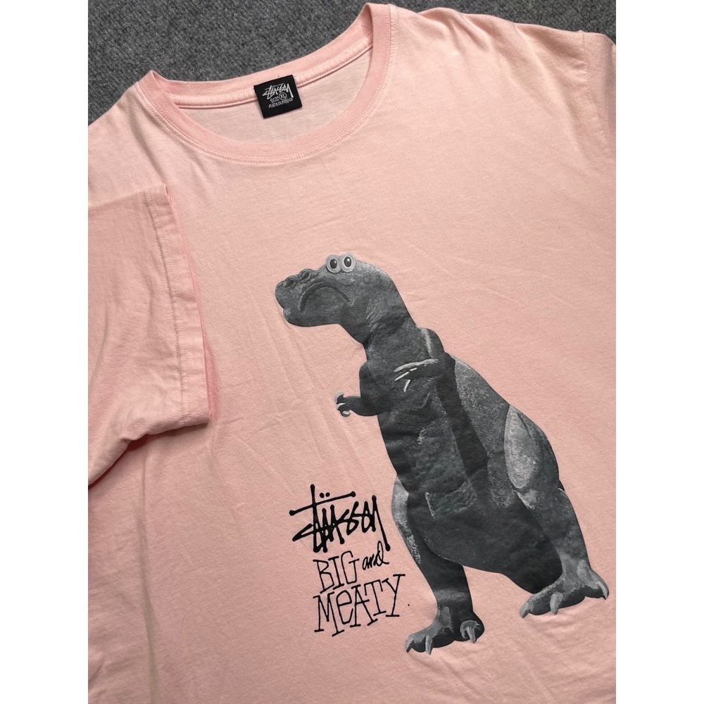 Stussy T-Shirt Mens XL Pink Big and Meaty Dinosaur Graphic Short Sleeve Tee